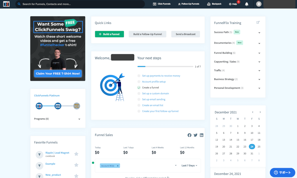 ClickFunnelsのダッシュボードトップ画面