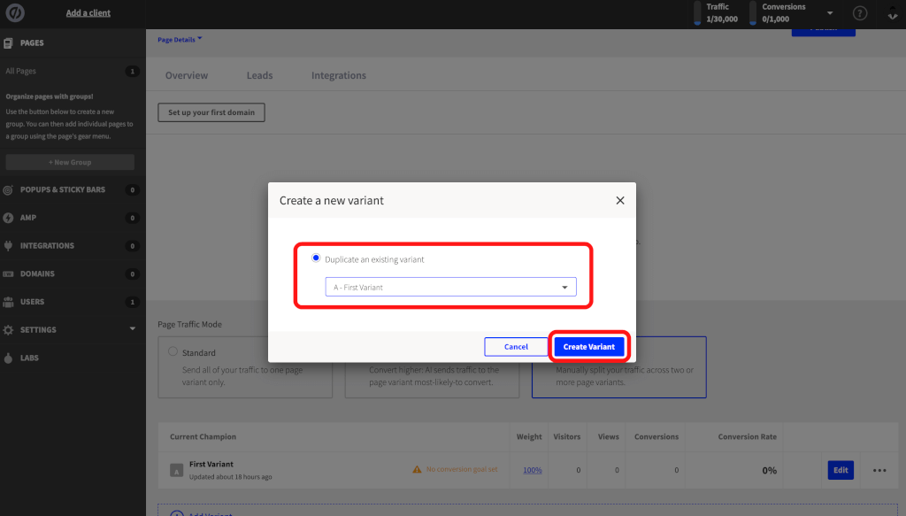 UnbounceでA/Bテストの候補を作成する