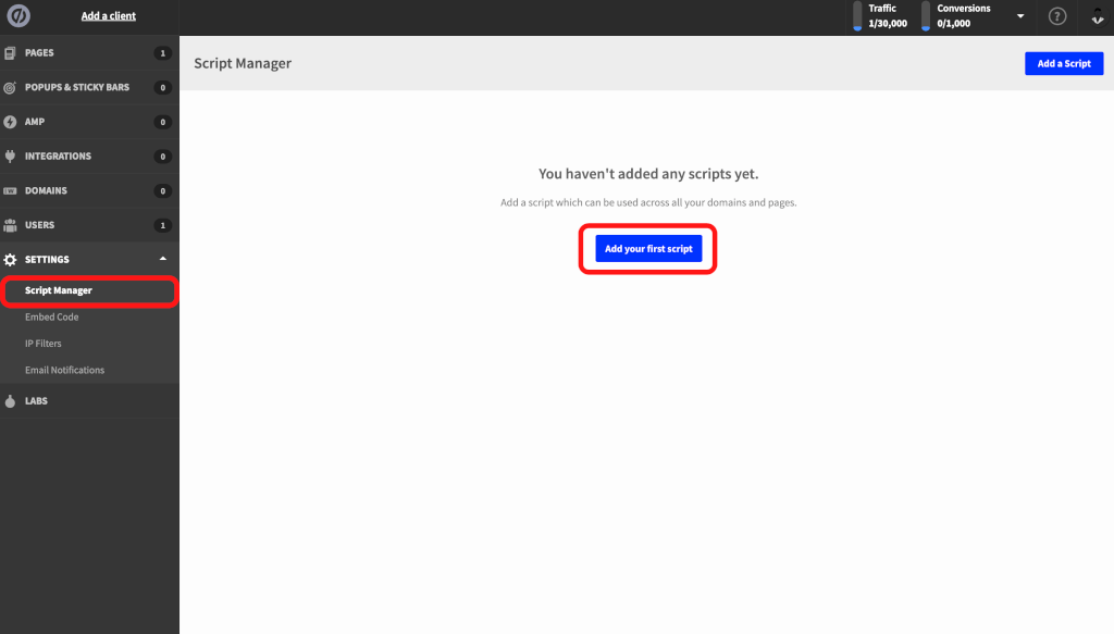 UnbounceのScript Manager画面