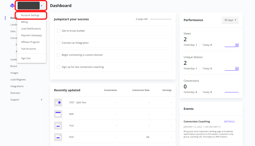 LeadpagesのダッシュボードからAccount Settingsを選択