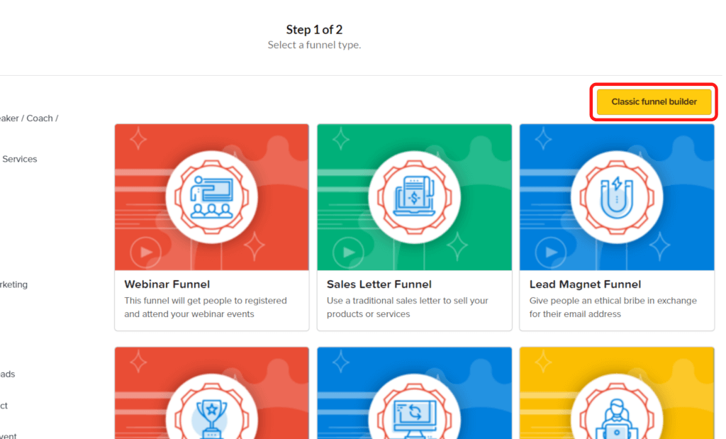 ClickFunnelsのClassicFunnelBuilderを選択