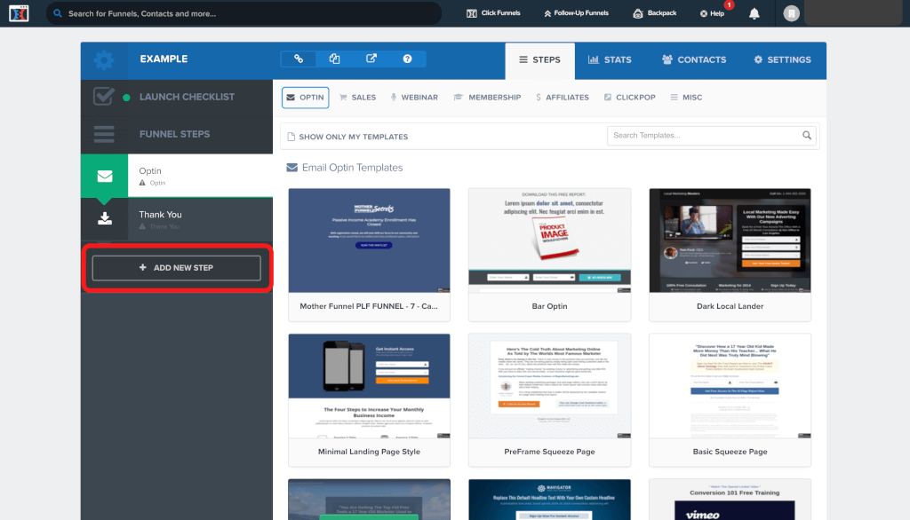 ClickFunnelsのダッシュボードでステップを追加