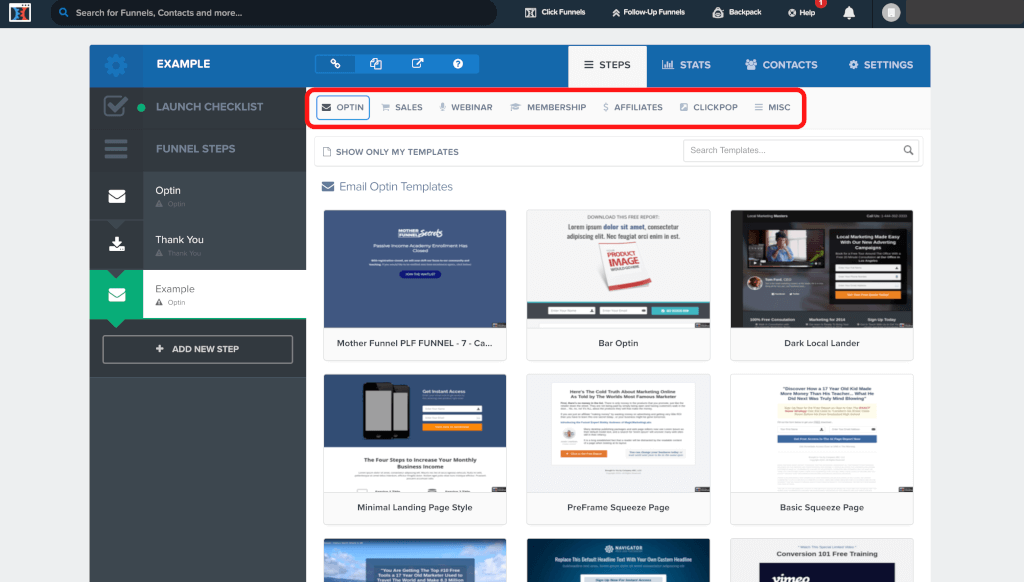 ClickFunnelsでテンプレートのカテゴリーを選択