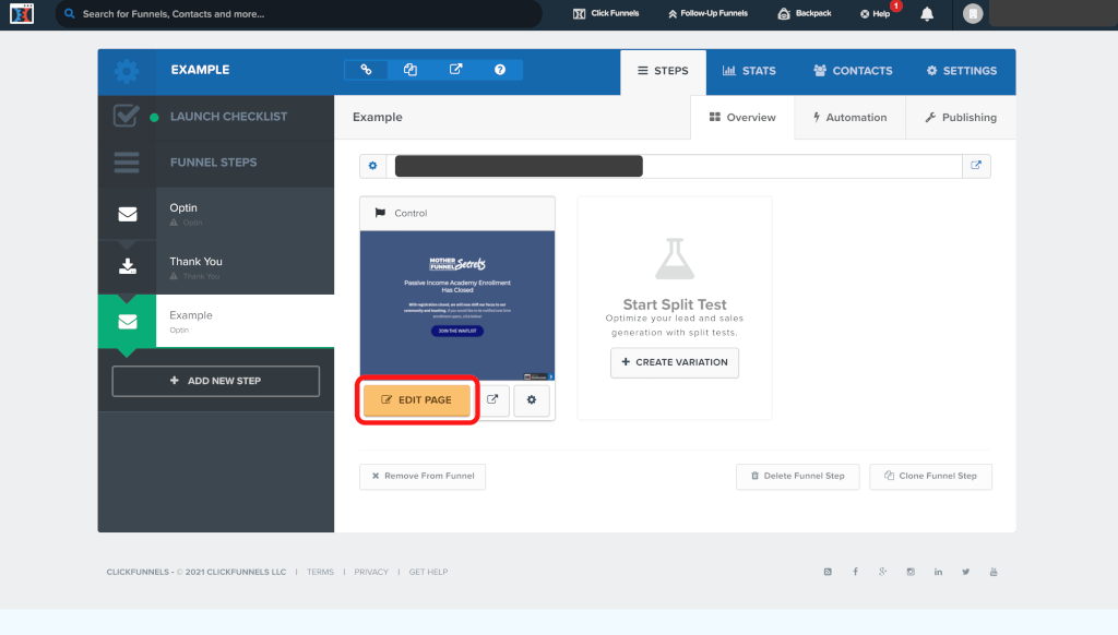 ClickFunnelsのファネル管理画面で編集を選択
