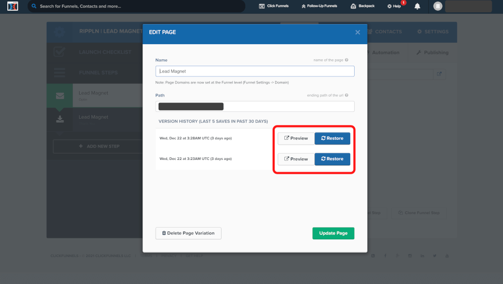 ClickFunnelsで旧バージョンをリストアする