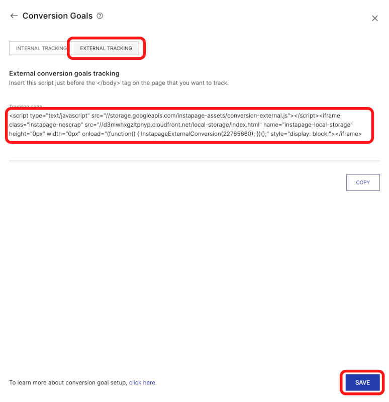 InstapageのConversion Goals設定のExtrernal Tracking
