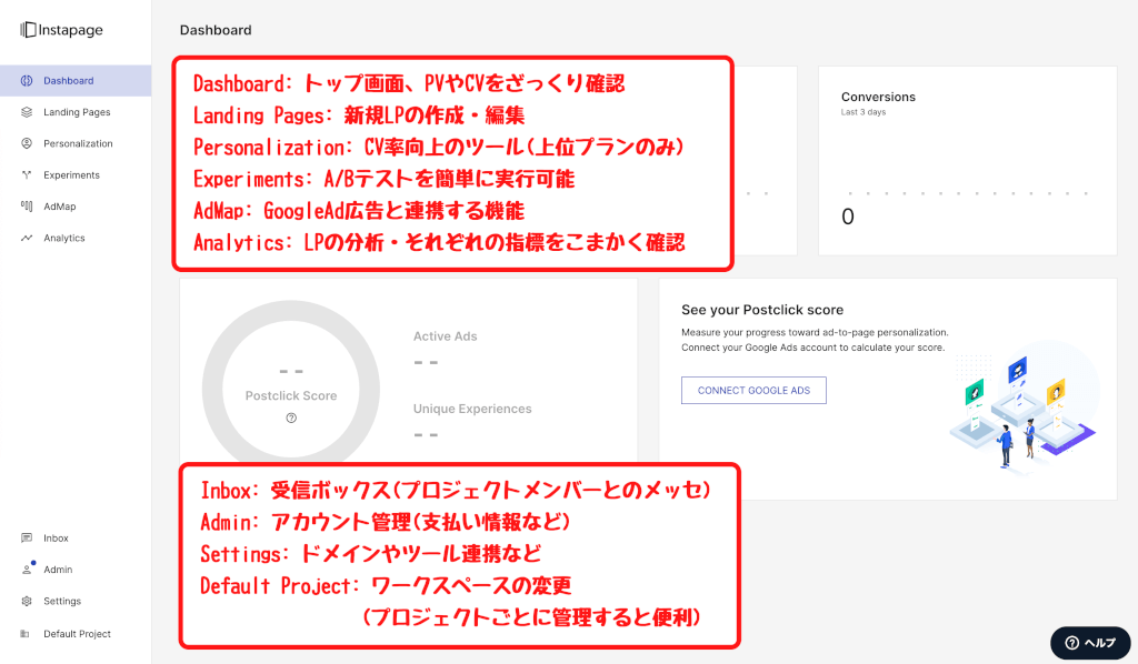 Instapageのサイドバーの解説