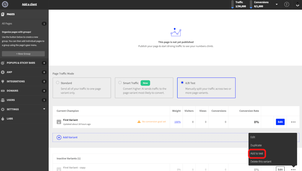 UnbounceのA/Bテストの候補を有効化する