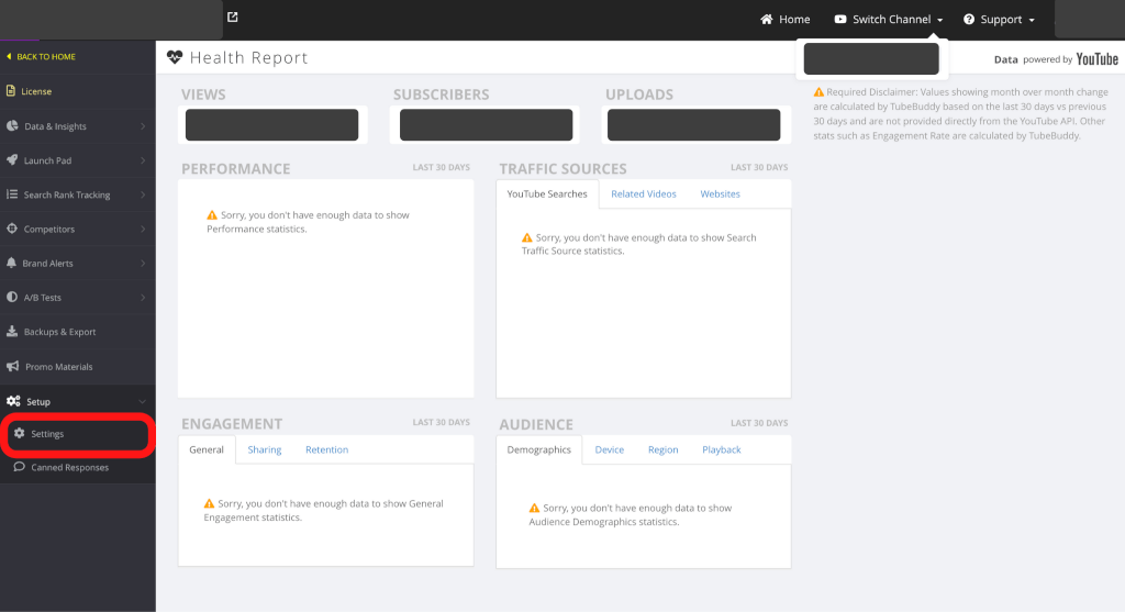 TubeBuddyのダッシュボード画面左サイドバーからSettingsを選択